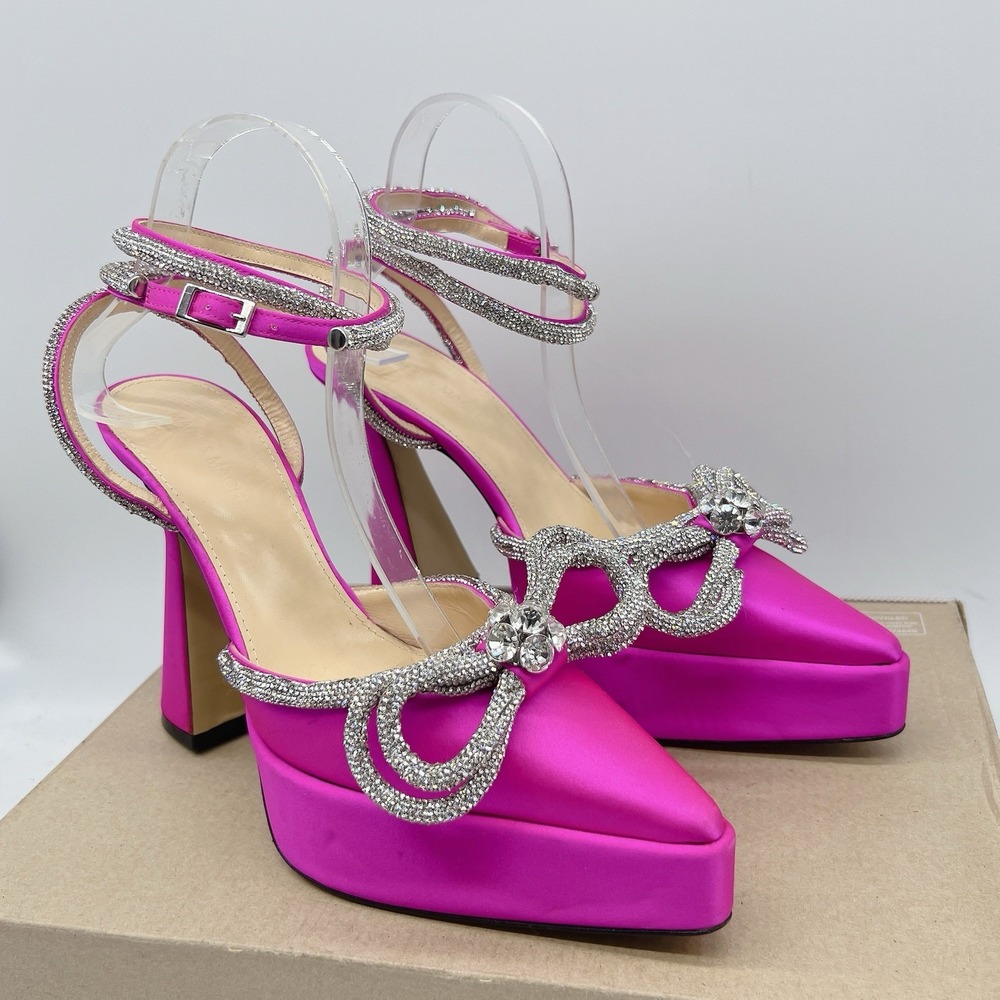 Mach & Mach Double Bow Platform Pumps High Heels Platform Pink Satin 39.5 US 9.5